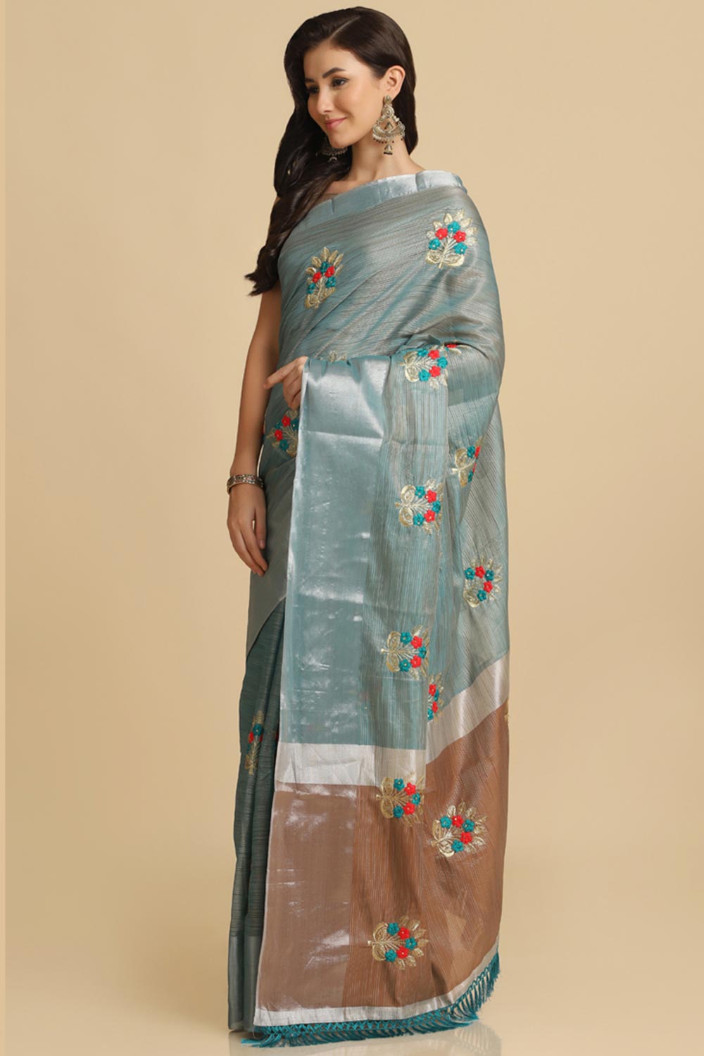 Buy Turquoise Resham Embroidery Party Wear Sarees Online - Side