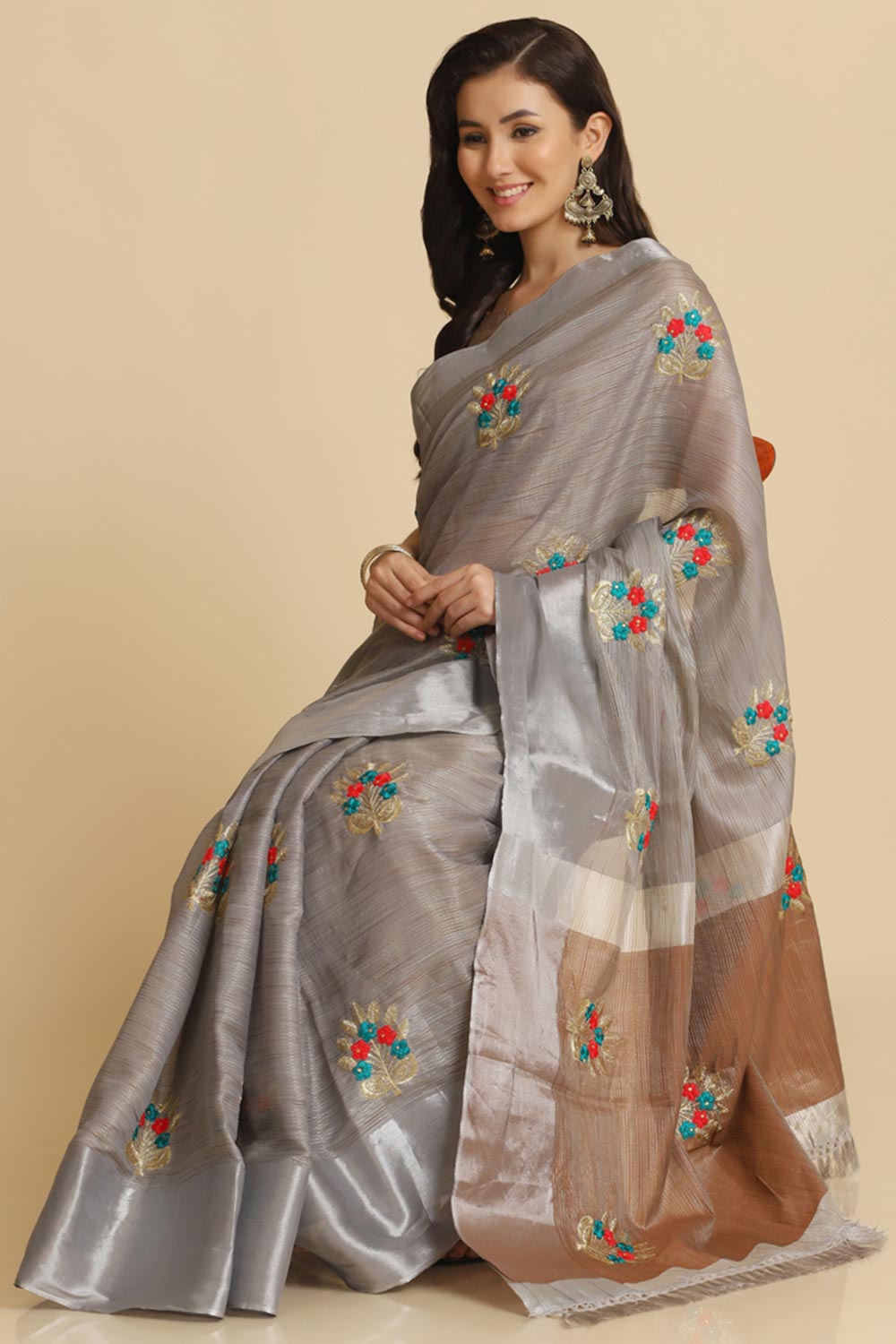 Buy Grey Resham Embroidery Party Wear Sarees Online - Front