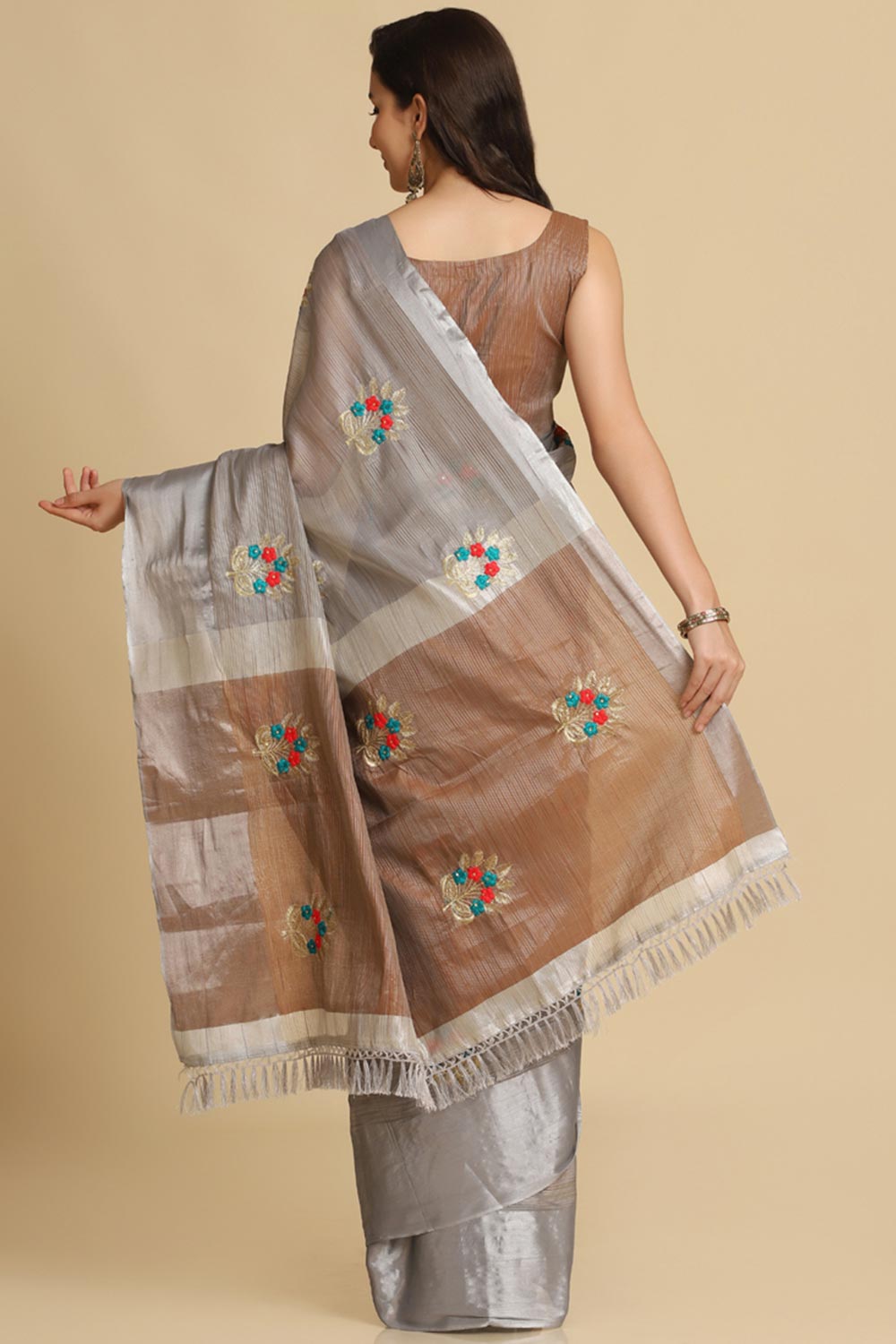 Buy Grey Resham Embroidery Party Wear Sarees Online - Side