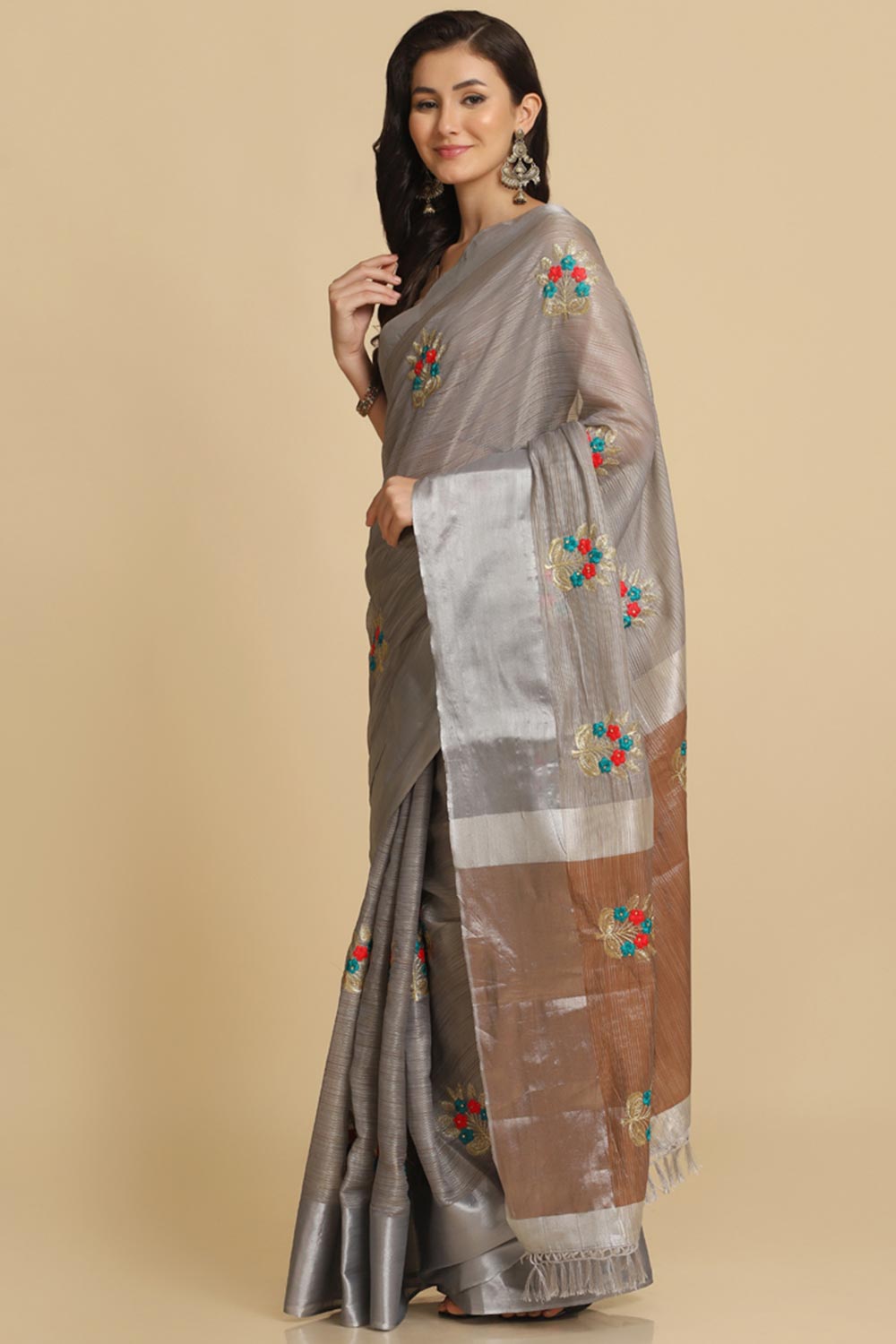 Buy Grey Resham Embroidery Party Wear Sarees Online - Zoom In