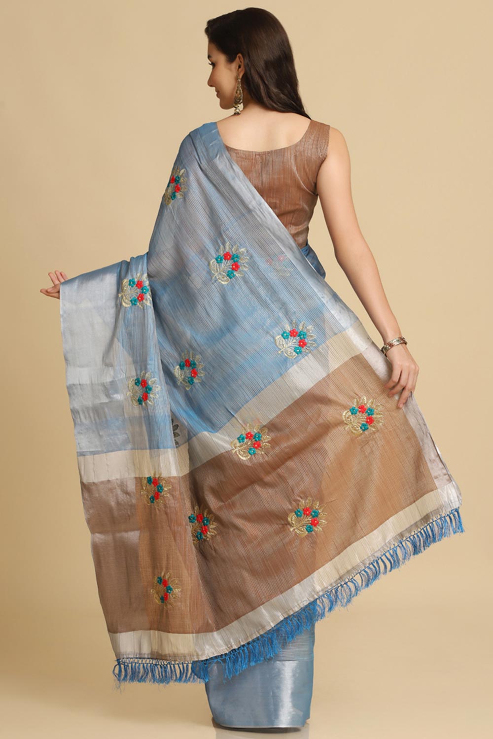 Buy Sky Blue Resham Embroidery Party Wear Sarees Online - Back