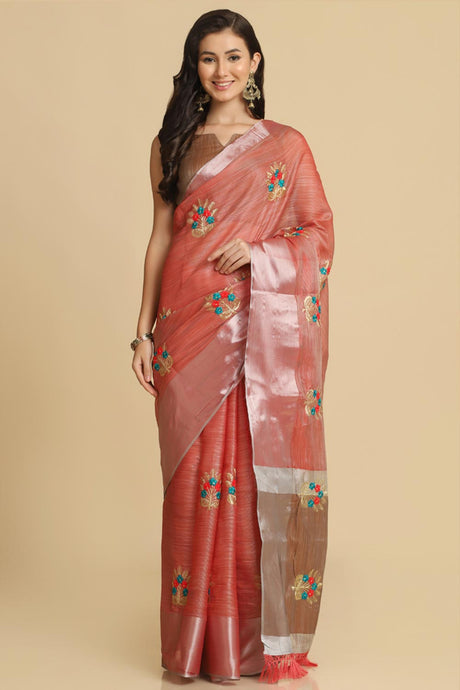 Buy Peach Resham Embroidery Party Wear Sarees Online