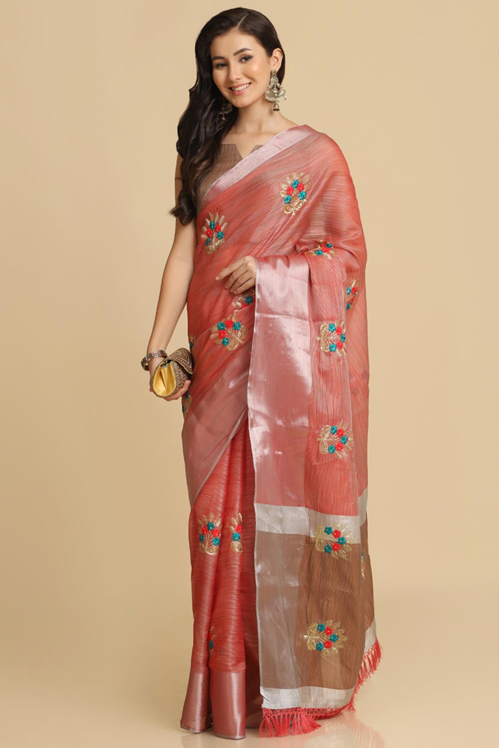 Buy Peach Resham Embroidery Party Wear Sarees Online - Front