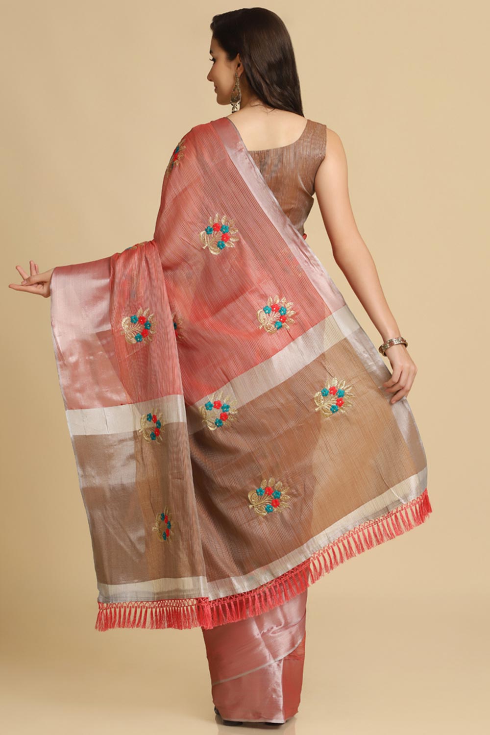 Buy Peach Resham Embroidery Party Wear Sarees Online - Side