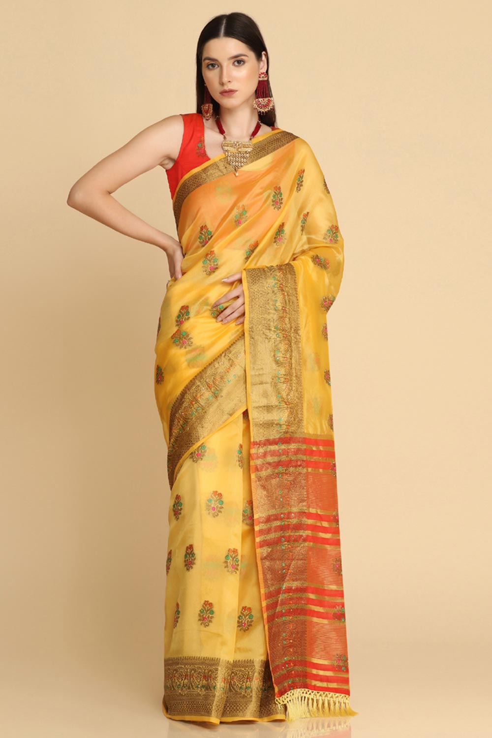 Buy Yellow Organza Silk With Stone Work Saree Online