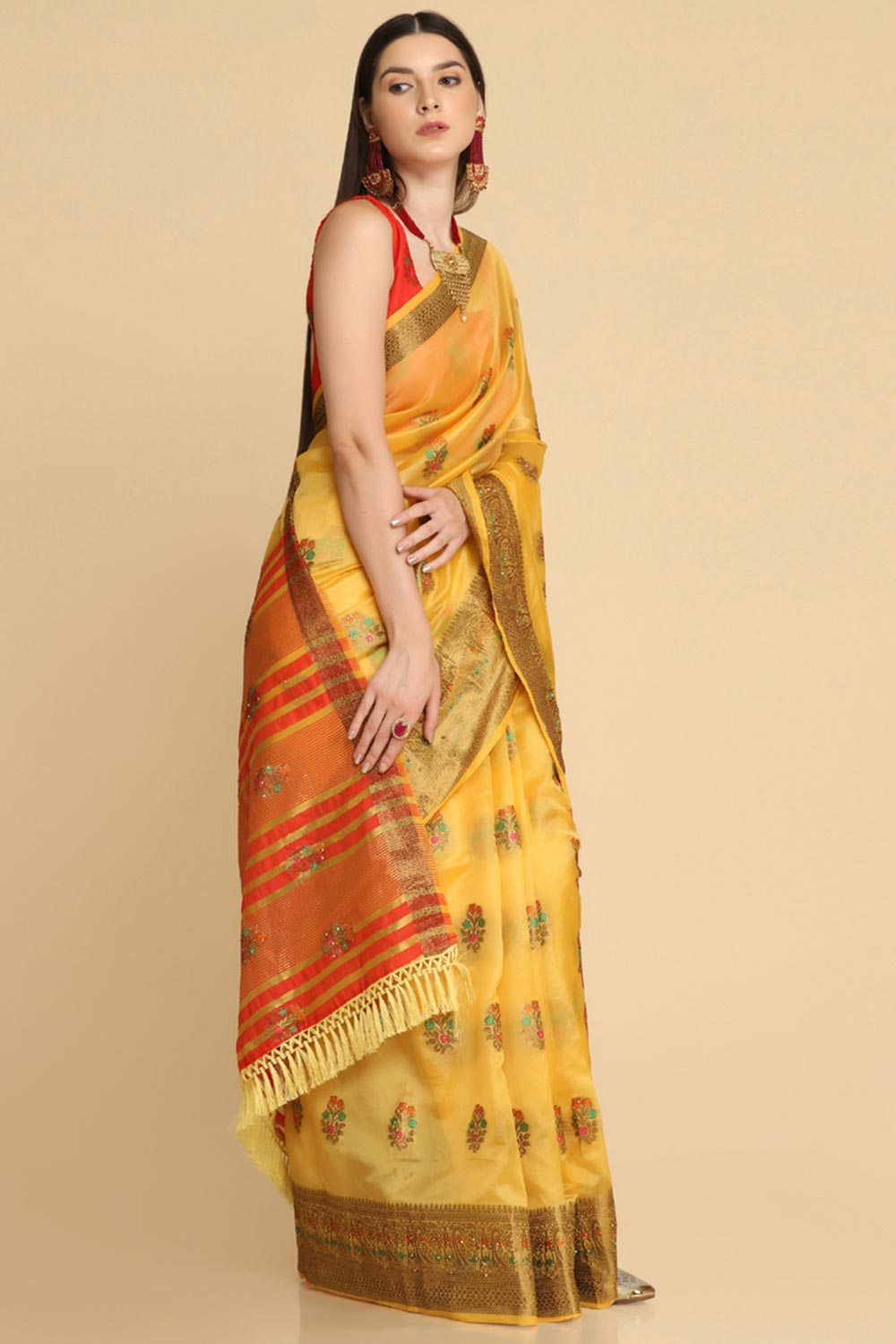 Buy Yellow Organza Silk With Stone Work Saree Online - Back