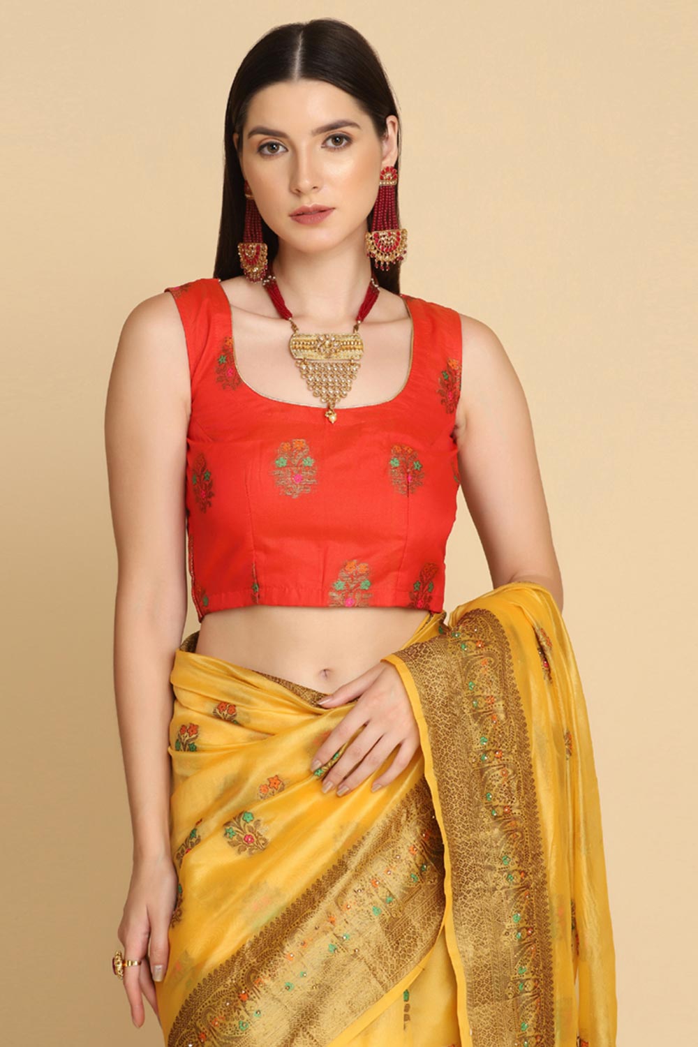 Buy Yellow Organza Silk With Stone Work Saree Online - Front