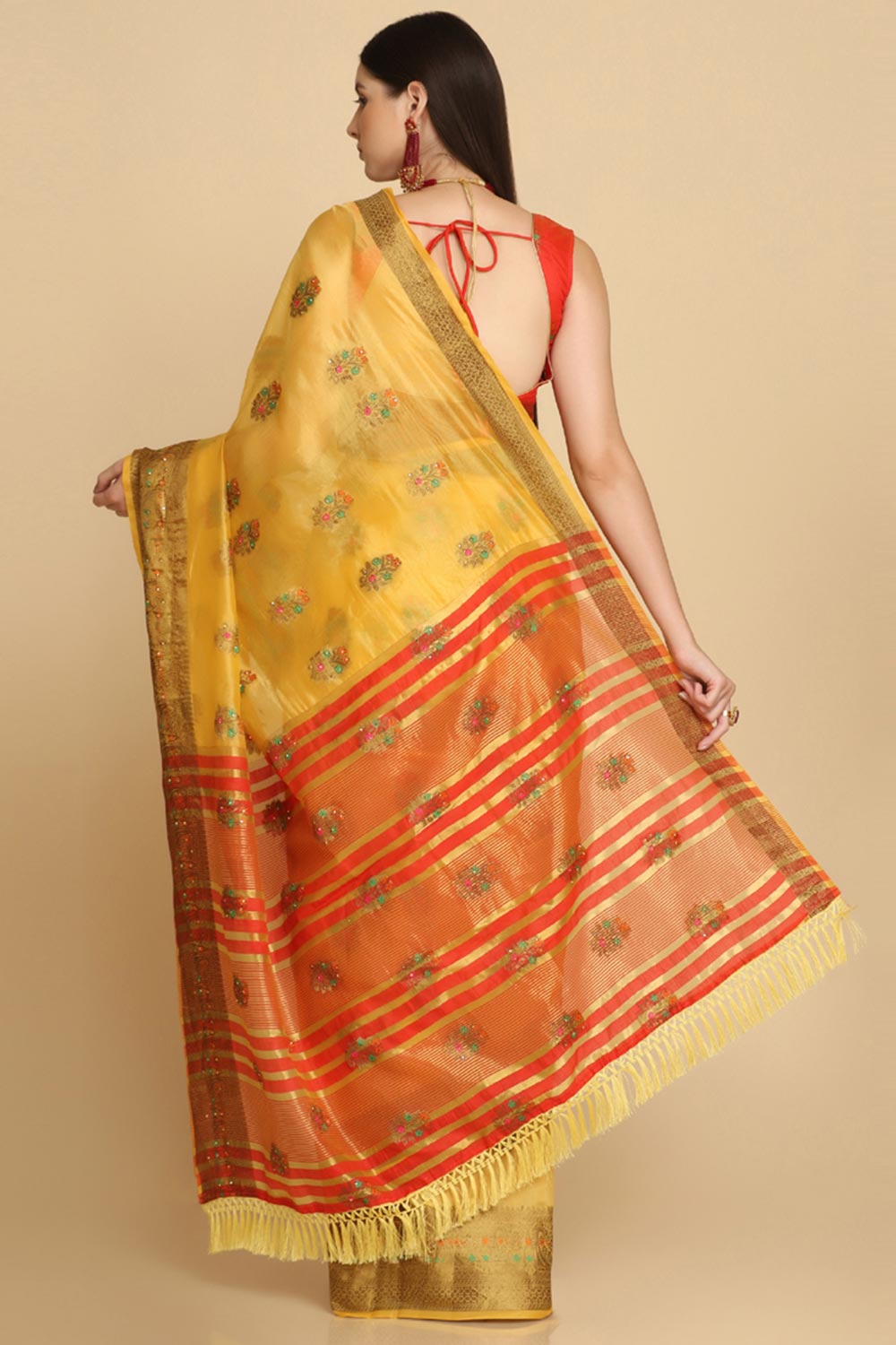 Buy Yellow Organza Silk With Stone Work Saree Online - Side