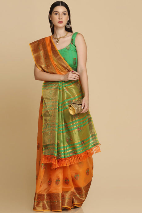 Buy Orange Organza Silk With Stone Work Saree Online