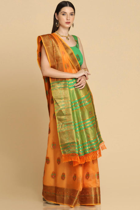 Buy Orange Organza Silk With Stone Work Saree Online - Back