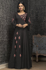 Art Silk Embroidered Gown in Dark Brown