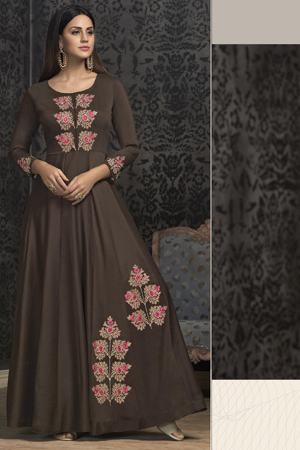 Art Silk Embroidered Gown in Brown