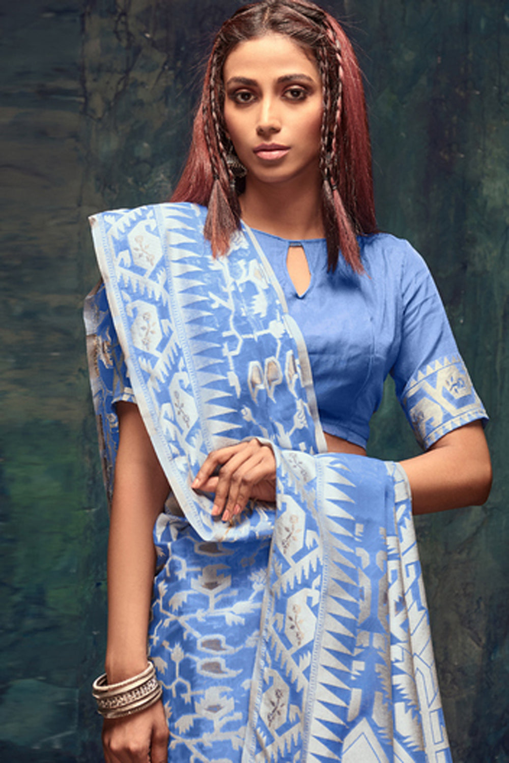 Jacquard Zari Saree In Aqua Blue