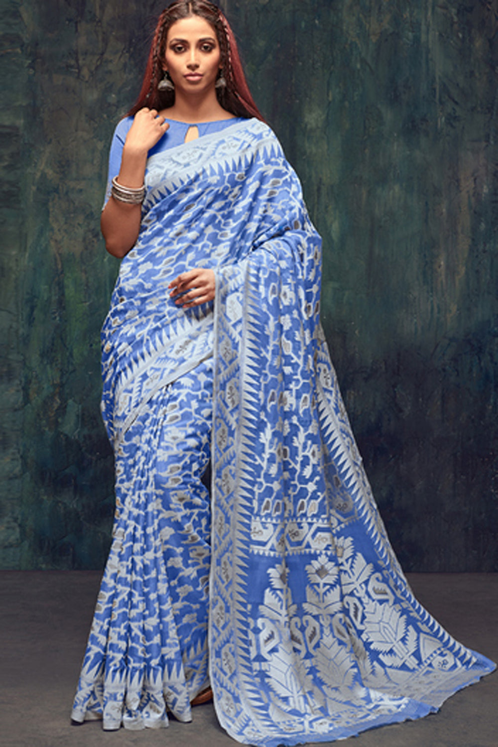 Jacquard Zari Saree In Aqua Blue