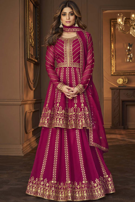 Buy rani-pink Georgette resham embroidery Sharara Suit Set Online - Front