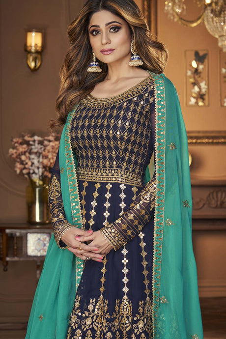 Royal Blue Georgette Resham Embroidery Sharara Suit Set