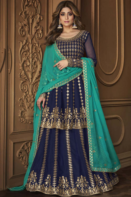 Buy royal-blue Georgette resham embroidery Sharara Suit Set Online - Front