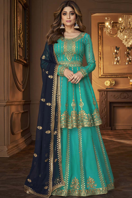 Buy turquoise Georgette resham embroidery Sharara Suit Set Online - Back
