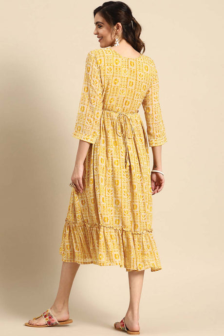 Buy Yellow Georgette Floral Printed Dress Online - Side