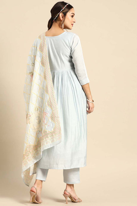 Blue Muslin Floral Embroidered Palazzo Suit Set