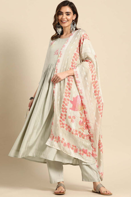Buy Green Muslin Floral Embroidered Palazzo Suit Set Online
