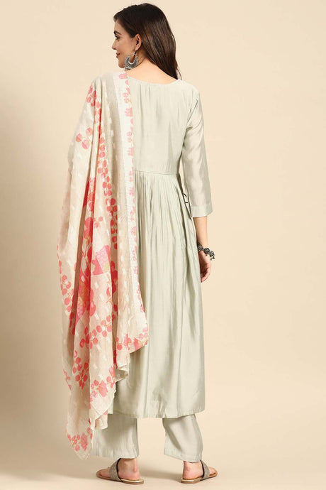 Buy Green Muslin Floral Embroidered Palazzo Suit Set Online - Zoom Out