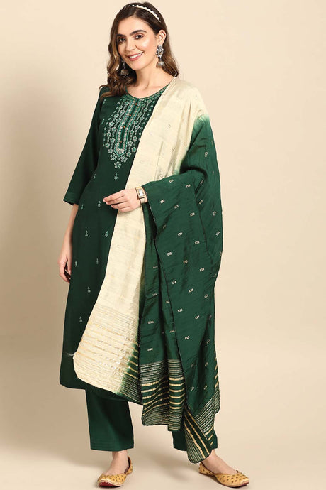 Buy Green Chinon Floral Embroidered Palazzo Suit Set Online - Zoom In