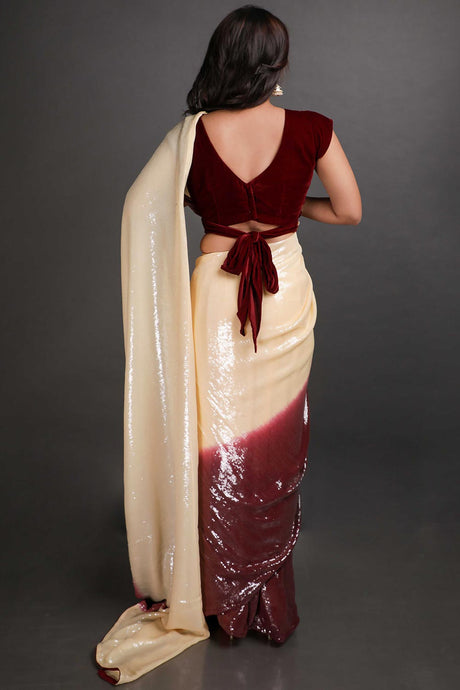 Bianca Beige and Maroon Ombre Clear Sequins Saree