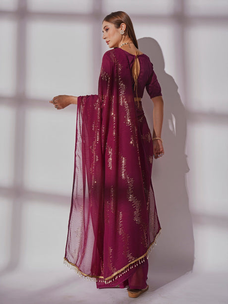 Wine Georgette Worked Saree