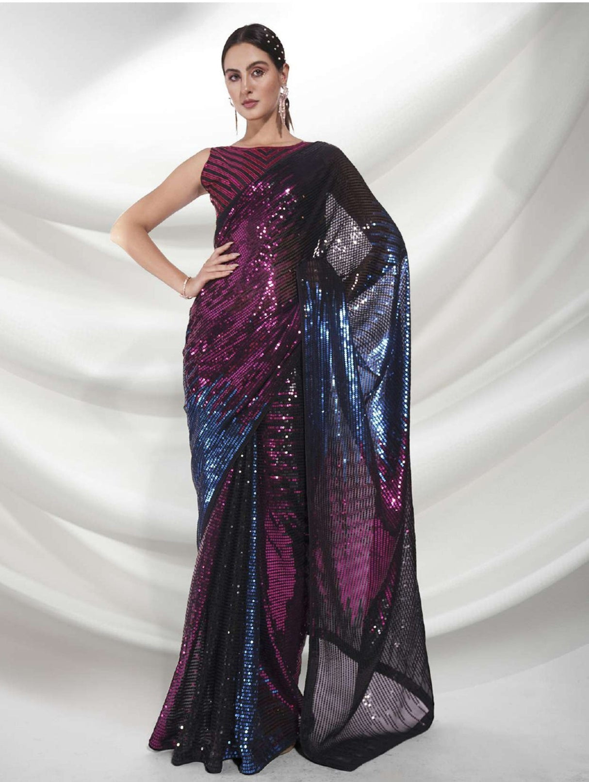 Black & Wine Georgette Sequence Saree