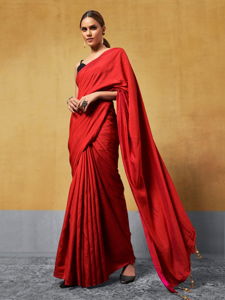 Red Satin Silk Satin Saree