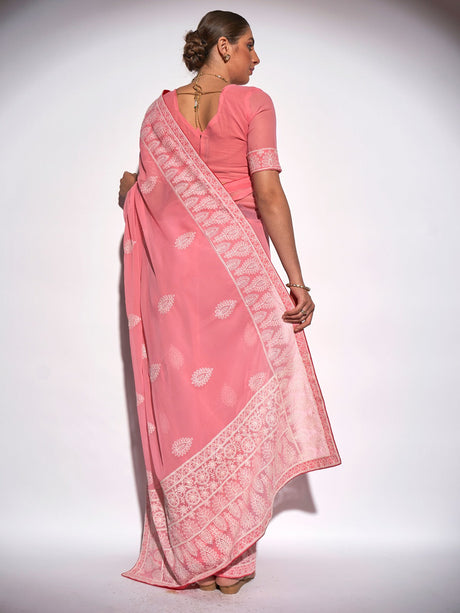 Pink Georgette Worked Saree