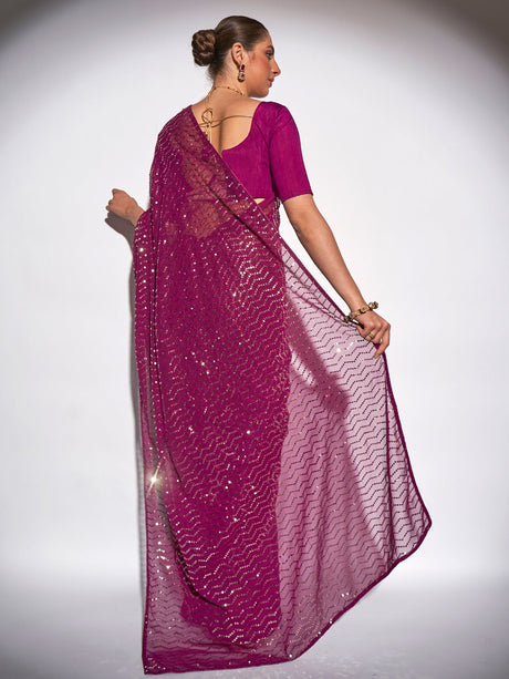 Wine Georgette Worked Saree