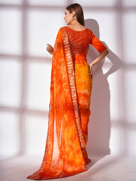 Orange Georgette Printd Saree