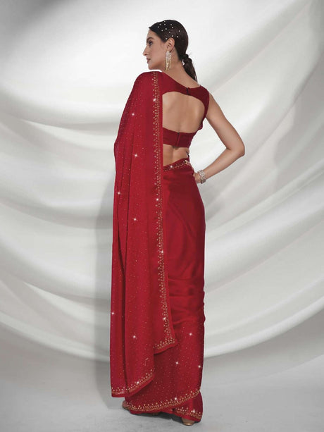 Red Satin Silk Red Saree