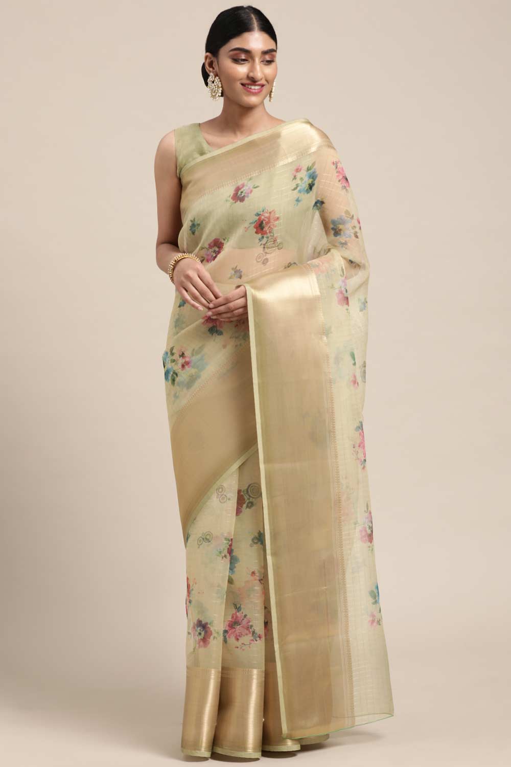 Yellow Organza Floral Digital Print Taant Saree