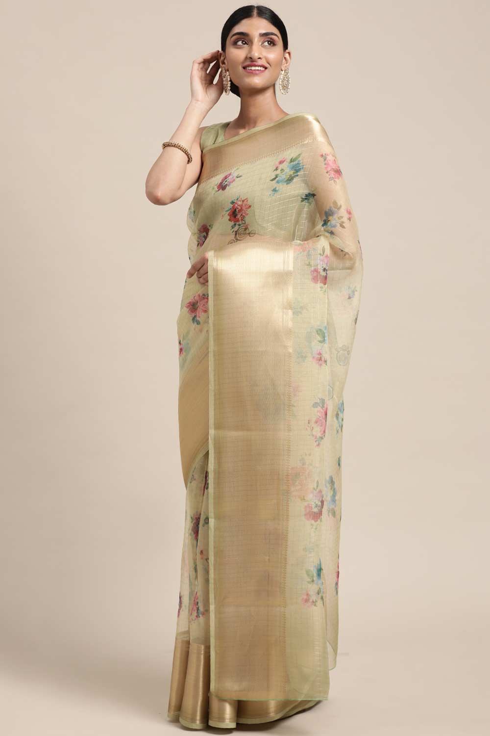 Yellow Organza Floral Digital Print Taant Saree