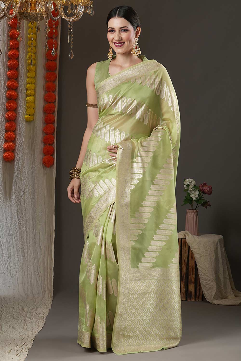 Light Green Organza Bagh Woven Design Chanderi Saree