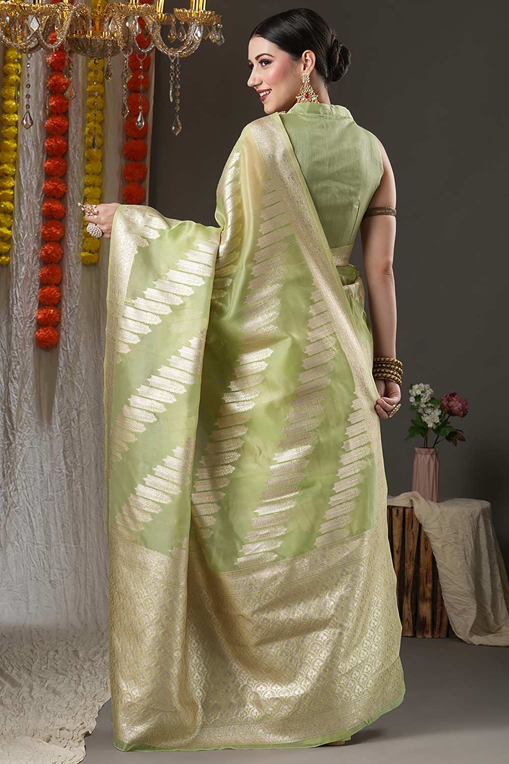 Light Green Organza Bagh Woven Design Chanderi Saree