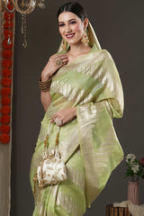 Light Green Organza Bagh Woven Design Chanderi Saree