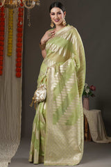 Light Green Organza Bagh Woven Design Chanderi Saree