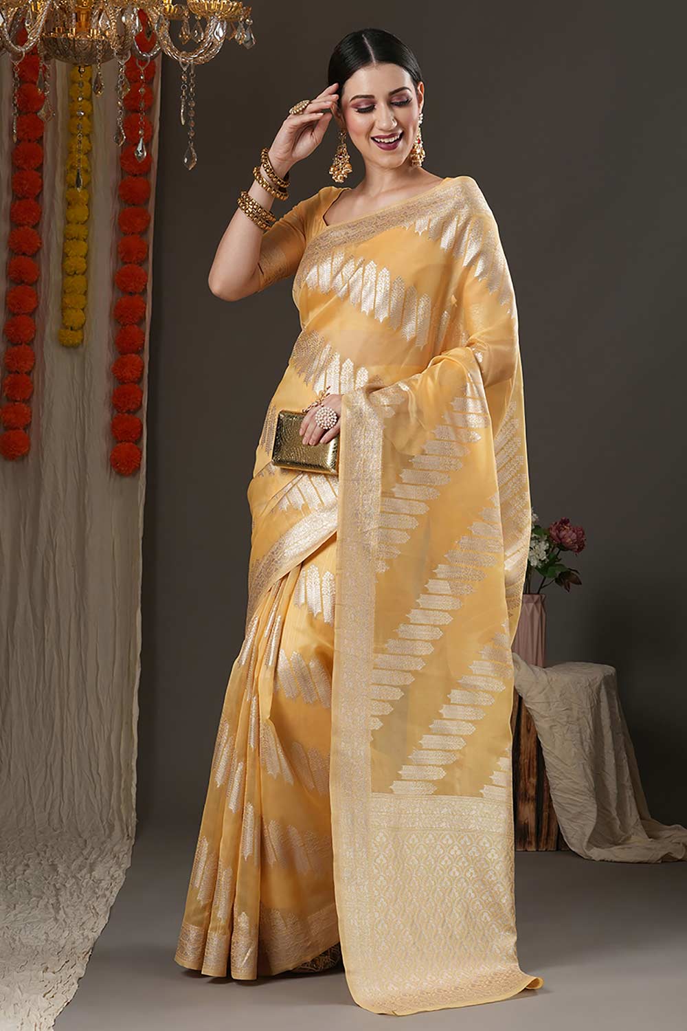 Yellow Organza Bagh Woven Design Chanderi Saree