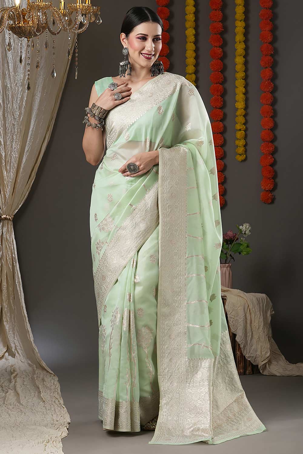 Sea Green Organza Botanical Woven Design Bagh Saree