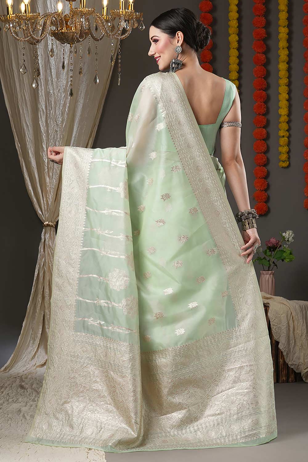 Sea Green Organza Botanical Woven Design Bagh Saree