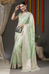 Sea Green Organza Botanical Woven Design Bagh Saree