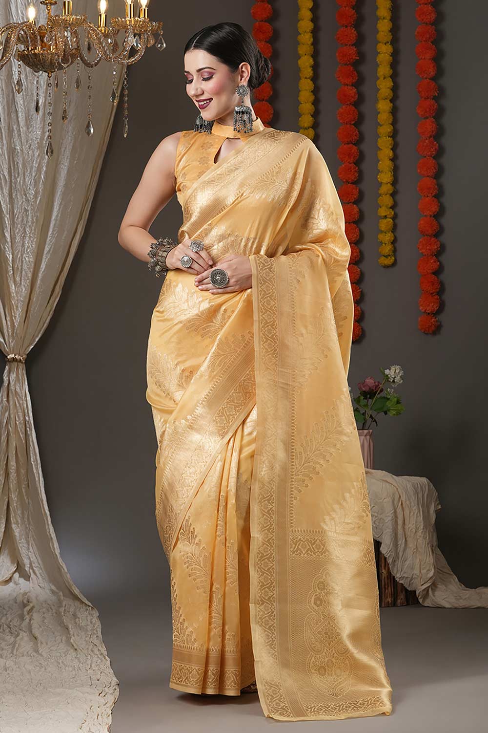 Yellow Organza Botanical Woven Design Chanderi Saree