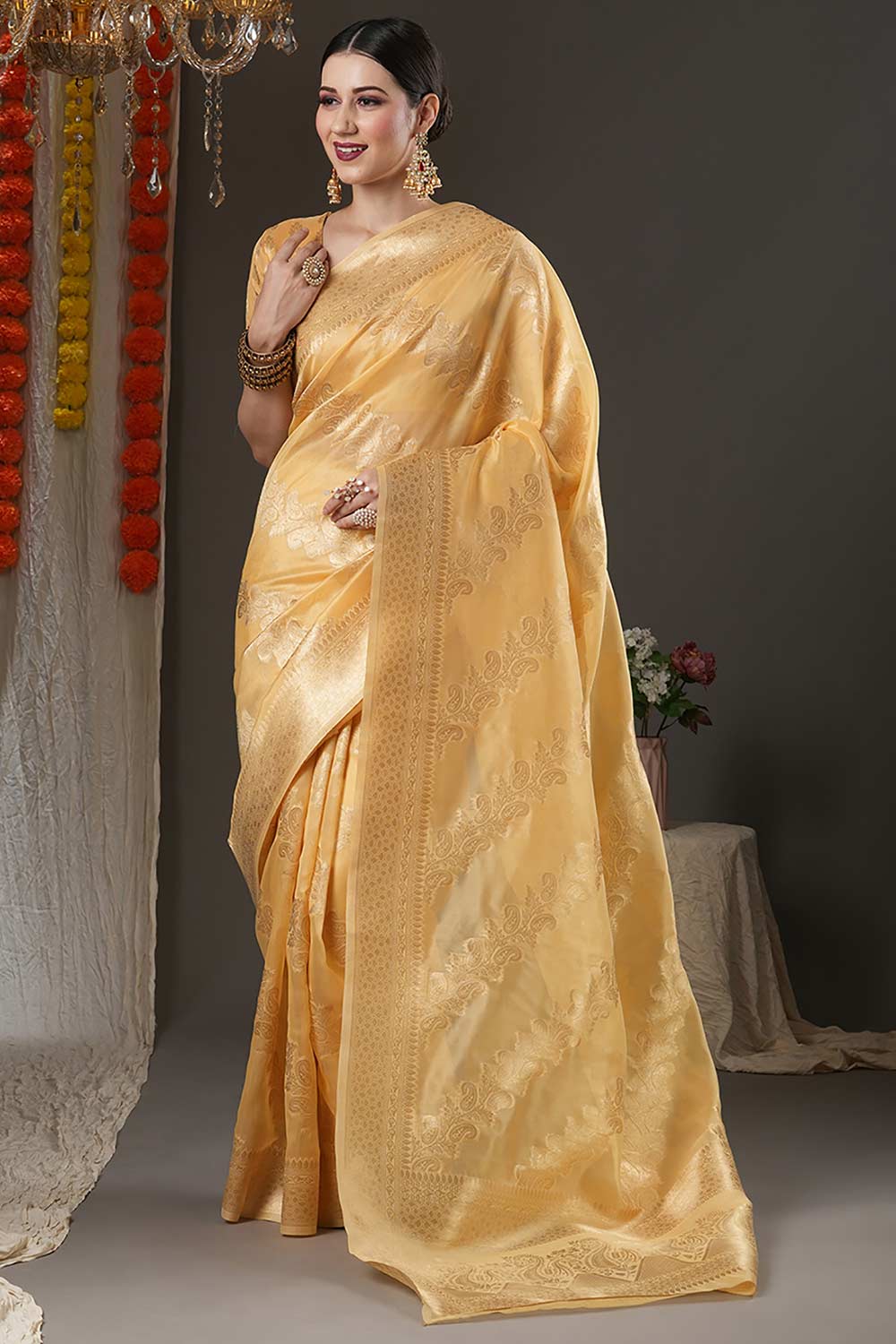 Yellow Organza Botanical Woven Design Chanderi Saree