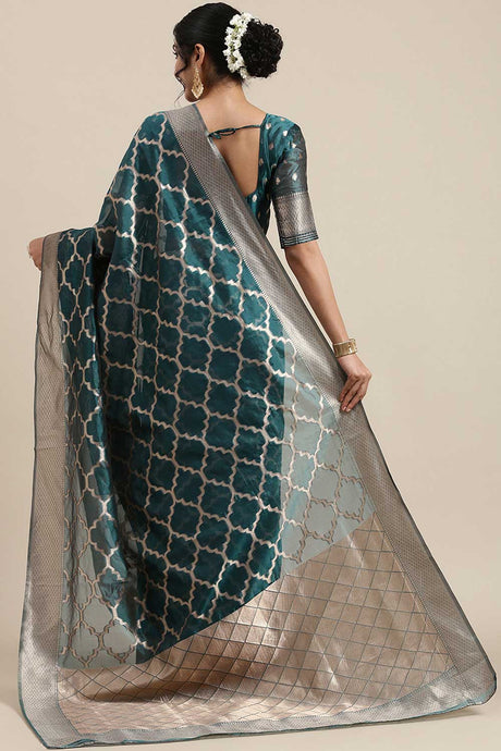 Organza Floral Saree In Teal Blue