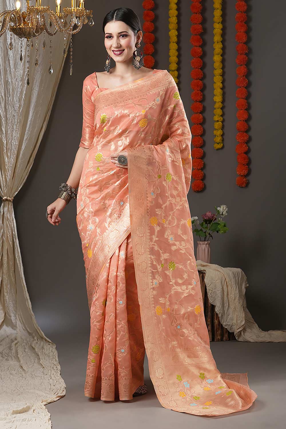 Peach Organza Ethnic Motif Woven Design Chanderi Saree