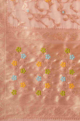 Peach Organza Ethnic Motif Woven Design Chanderi Saree